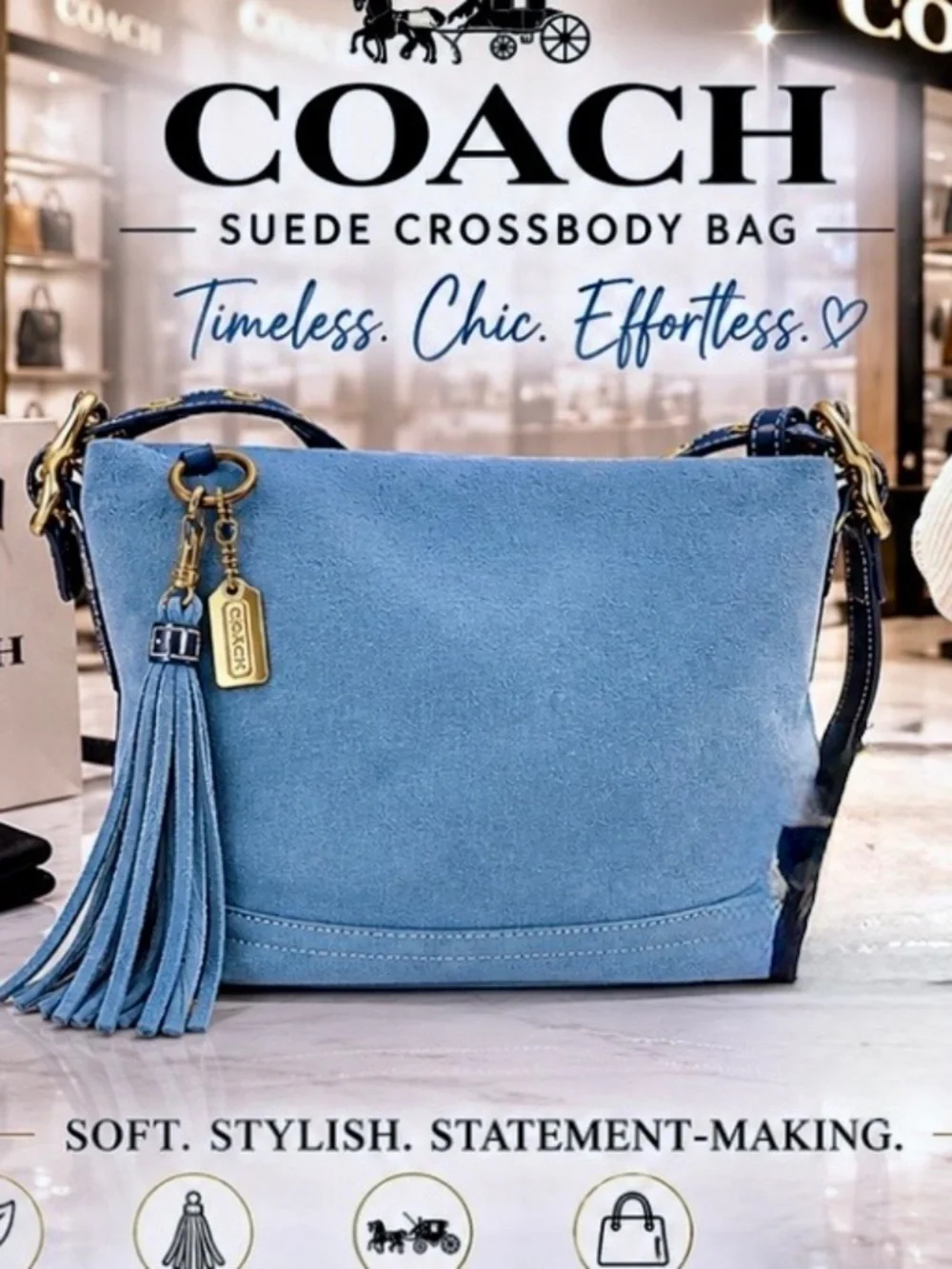Coach Suede Leather Hobo Shoulder Crossbody Bag Blue